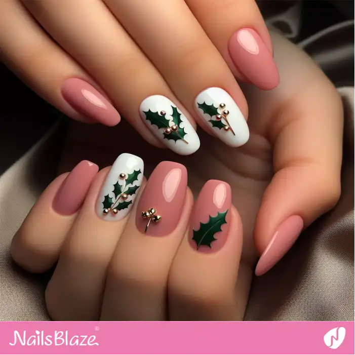 Holly Leaf Nails with Embellishment | Nature-inspired Nails - NB1642